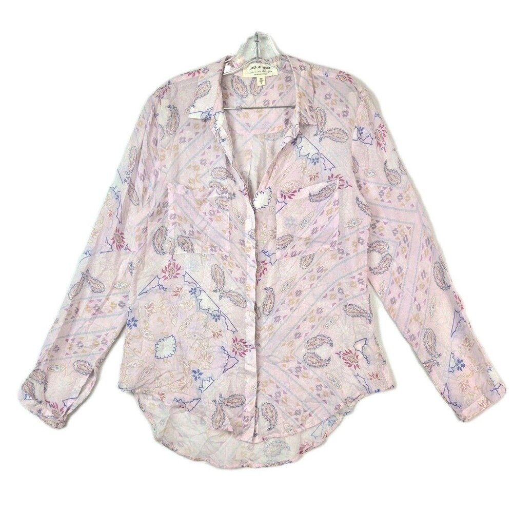 Cloth & Stone Anthropologie Pink Sheer Button Up Blouse Vacation Floral Top